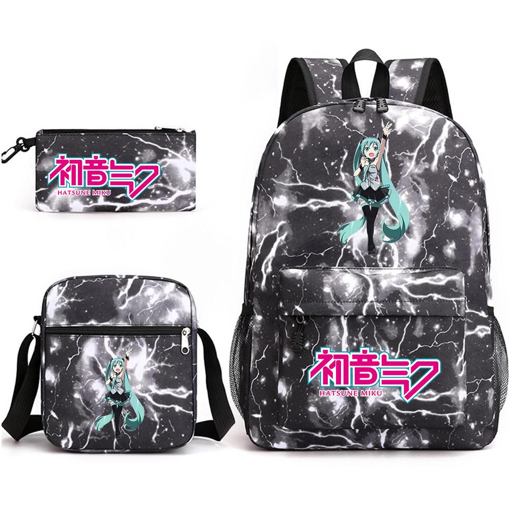 3Pcs/set Anime Cartoon Hatsune Miku Printed Backpack with Shoulder Bag Pencil Case for Teenager Student Boy Girl Large Capacity Waterproof Schoolbag