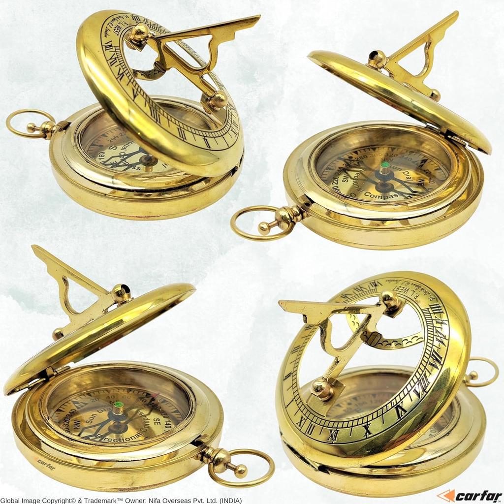 Nautical Sunclock Compass Handmade Solid Brass Vintage Style Sundial Push Open Navigational Compass with Leather Gift Case Best for Your Loved Ones