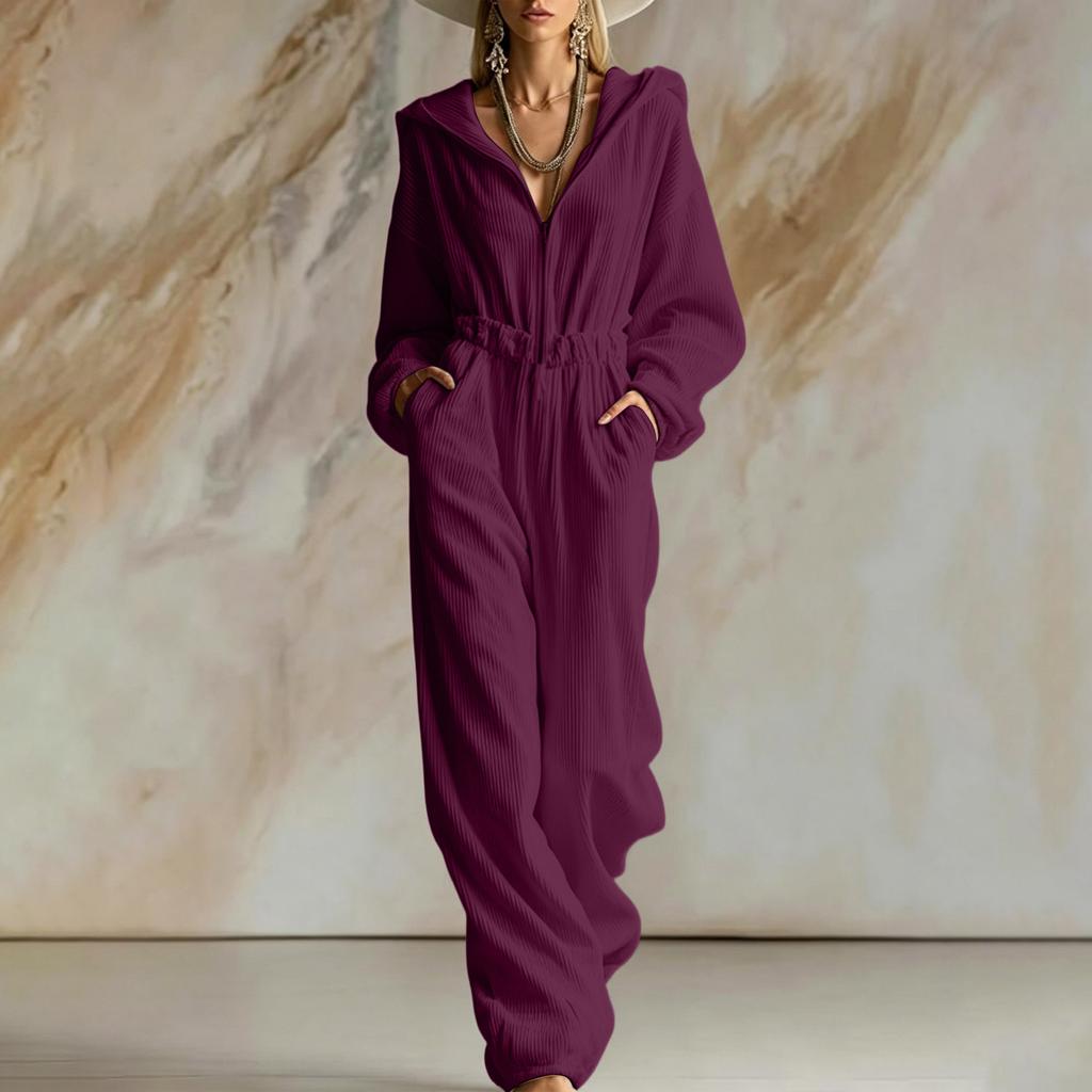 Women's Casual Corduroy Hooded Zip-Up Jumpsuit with Long Sleeves and Loose Fit for Fall and Winter
