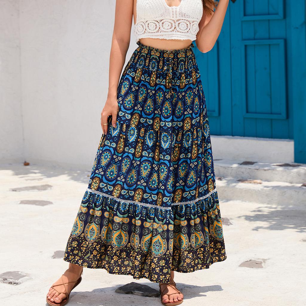 2025 Spring Summer Bohemian Ethnic Lace Trim Cotton Maxi Skirt, Vacation Style Long Skirt