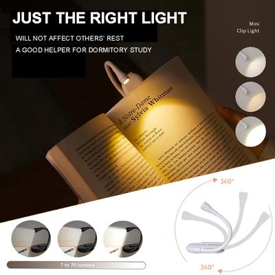 Lampe de lecture LED portable rechargeable par USB, protection des yeux, mini lampe de bureau à pince à 360 °, lampe de lecture de voyage, veilleuse de chambre à coucher