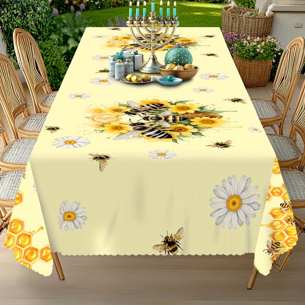 Summer Bee Daisy Printed Rectangular Tablecloth Washable Floral Kitchen Dining Table Cover for Wedding Party Decor
