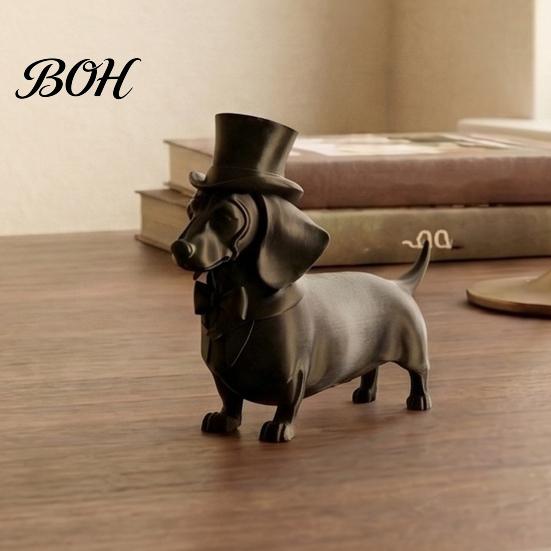Gentleman Style Ornament 3D Printed Dachshund Statue with Top Hat, Vintage Dog Calm Home Accent Piece Figurine, Cute Desk Decor for Office,