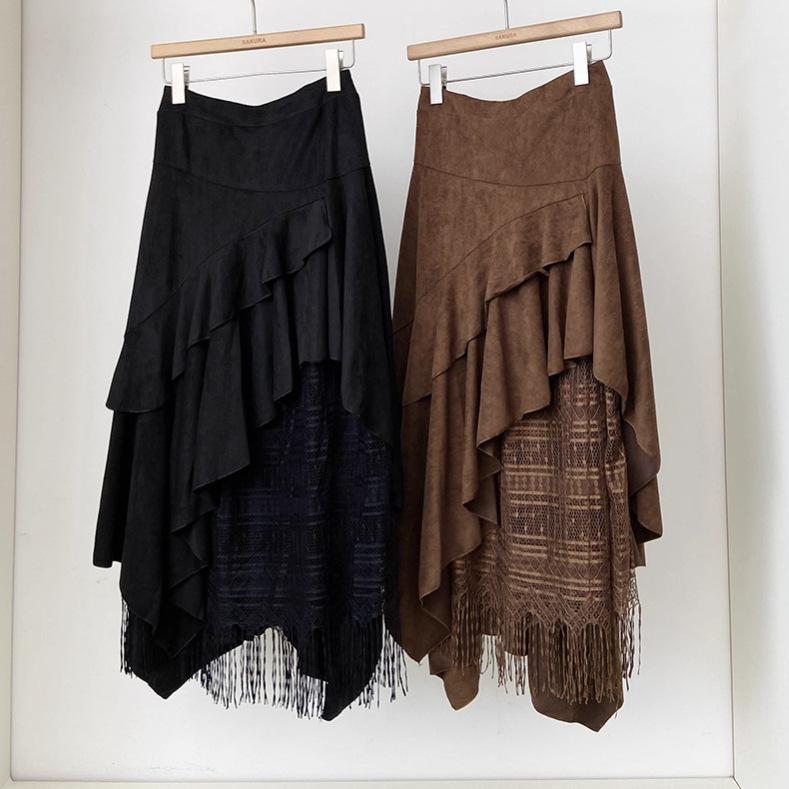 Lace splicing high waist cover slim mid-length skirt women's autumn new Korean version of versatile a-word skirt