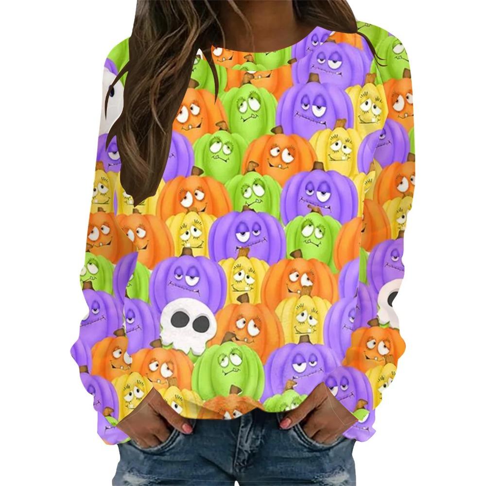 Halloween pattern pumpkin bat 3D printed women's Harajuku round neck long sleeved T-shirt