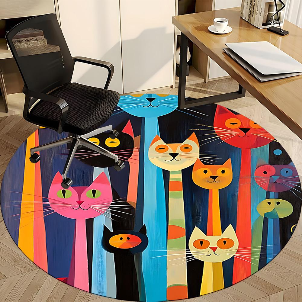 1pc Colorful Cats Office Round Area Rug, Indoor Mat Suitable For Office, Under Office Chairs Bedroom Living Room Home Decor, Room Deco