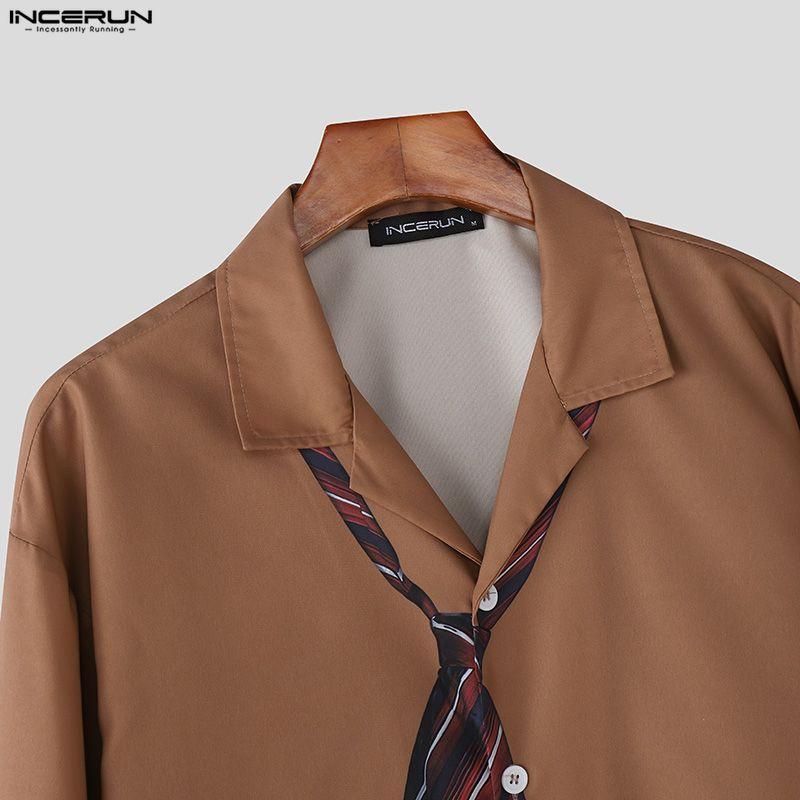 INCERUN Oversized Men Lapel Neck Long Sleeve Striped Print Buttons Up Casual Shirts