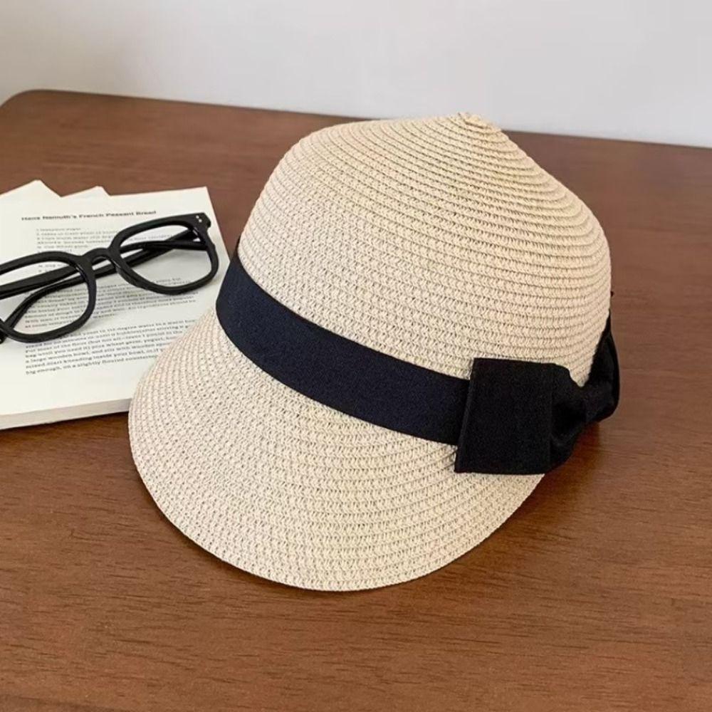 Casual Wide Brim Bow Straw Hat Woven Bowknot Sunscreen Hat Sunshade Lightweight UV Protection Cap Beach