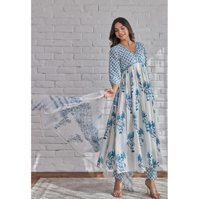 Women Cotton Rayon Kurti Pant Dupatta Set Indian Pakistani Salwar Kameez Kurta VF-20137