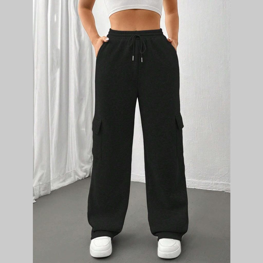 Women's Lace-up Elastic Waist Trousers, Fashion Solid Color Straight Wide-leg Sweatpants