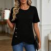 Women Short Sleeve Ribbed Knit Top Button Detail Round Neck Asymmetric Hem Casual Blouse Lightweight Soft Fabric
