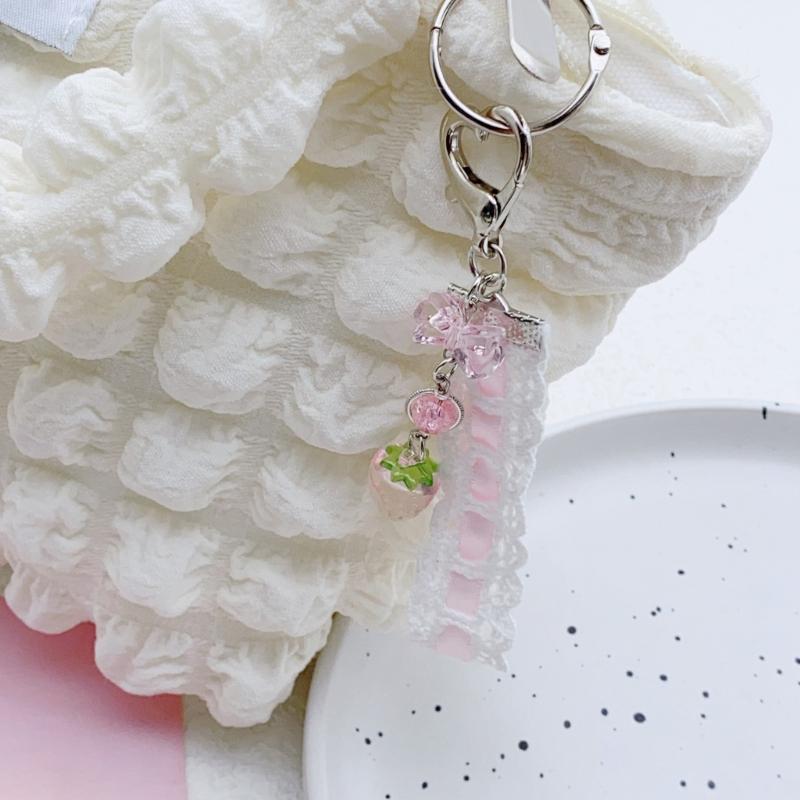 Strawberry Beaded Phone Accessory Unique Pink Lace Ribbon Beaded Phone Tassels with Strawberry and Pendant