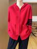 Women's Striped Color Block Hooded Cashmere Cardigan - Autumn/Winter Loose Casual 100% Pure Wool Jacket