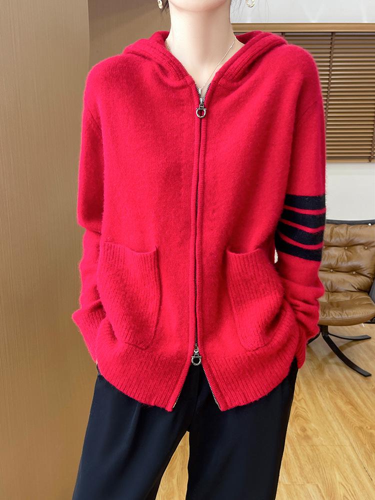 Women's Striped Color Block Hooded Cashmere Cardigan - Autumn/Winter Loose Casual 100% Pure Wool Jacket
