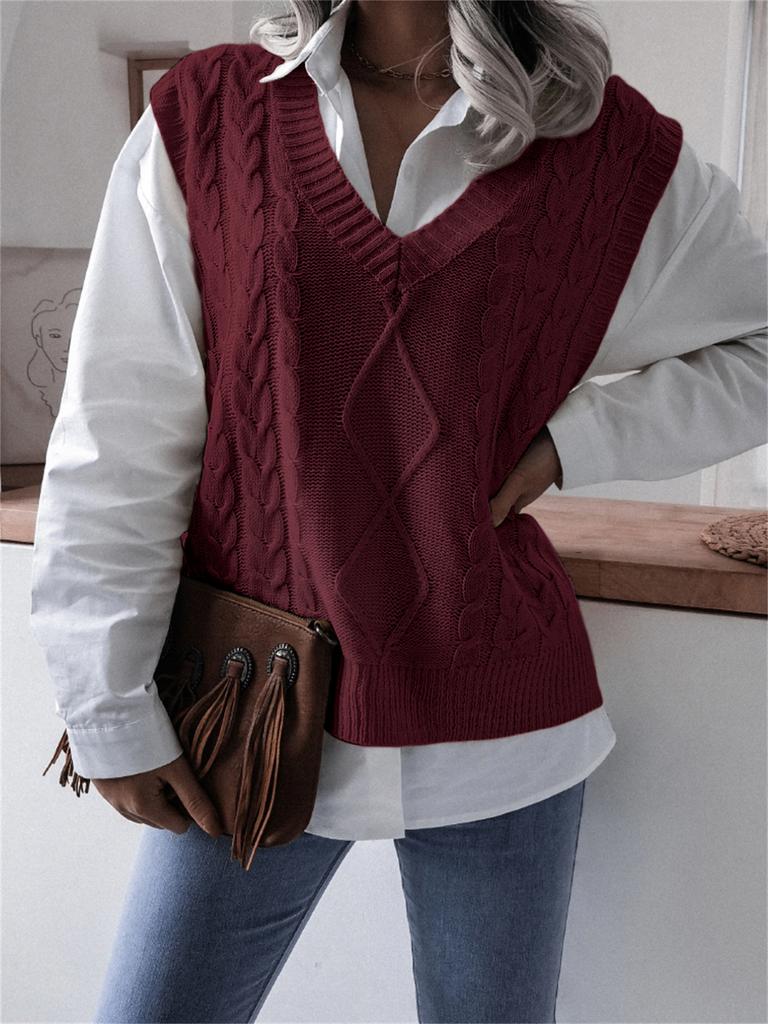 Gilet lavorato a maglia da donna con scollo a V senza maniche vestibilità larga streetwear tinta unita trecce rombi maglione da indossare a strati gilet maglione