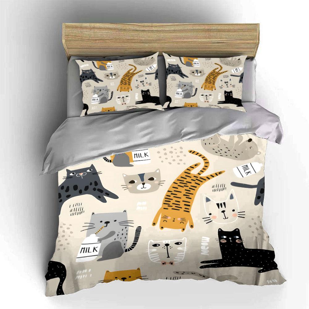 Cute Cartoon Cats and Milk Pattern Bedding Duvet Cover Set (1*Duvet Cover 2*Pillowcases, without duvet insert)