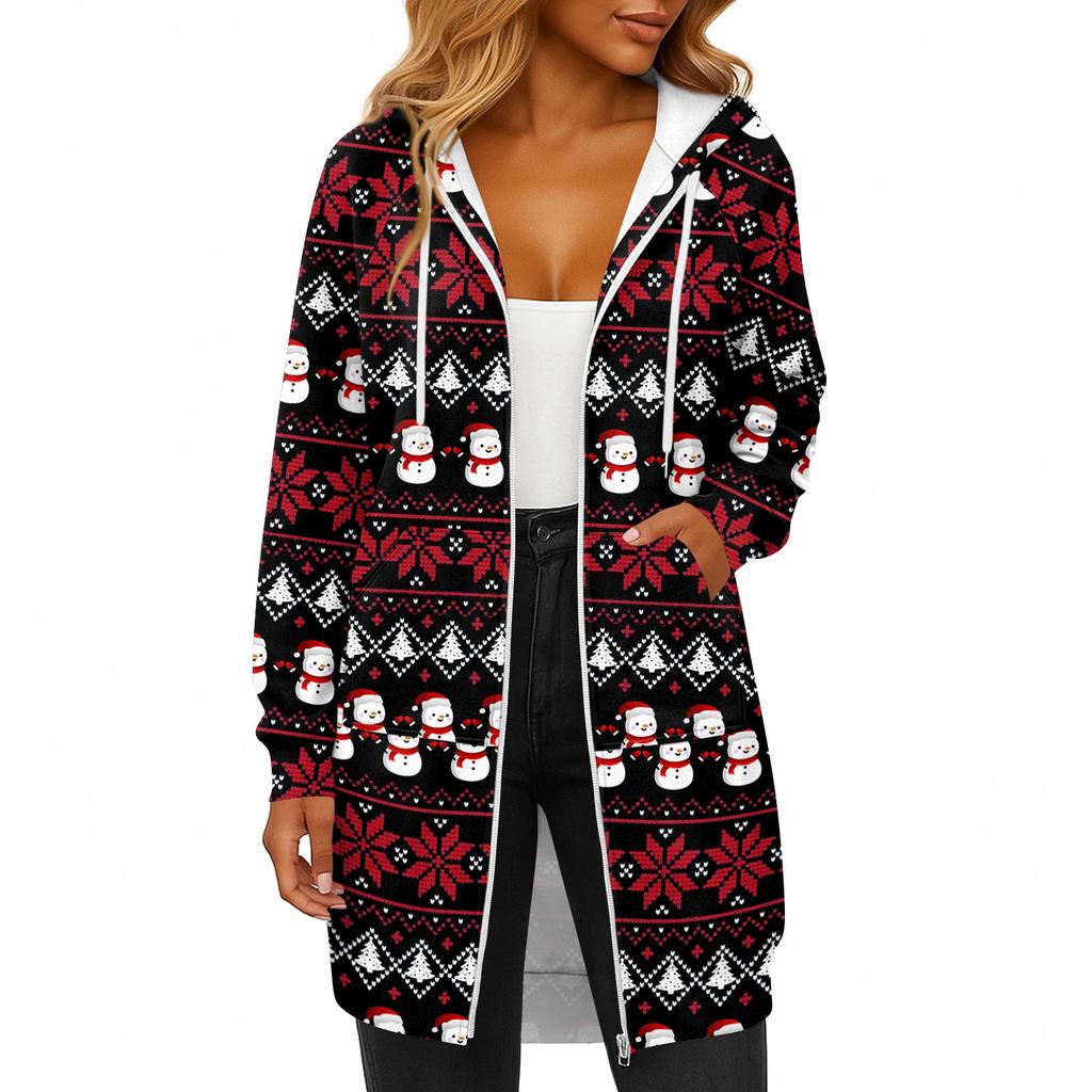 Women's Fashionable Christmas Printed Long Sleeved Drawstring Hooded Zipper Pocket Long Casual Sweatshirt Jacket