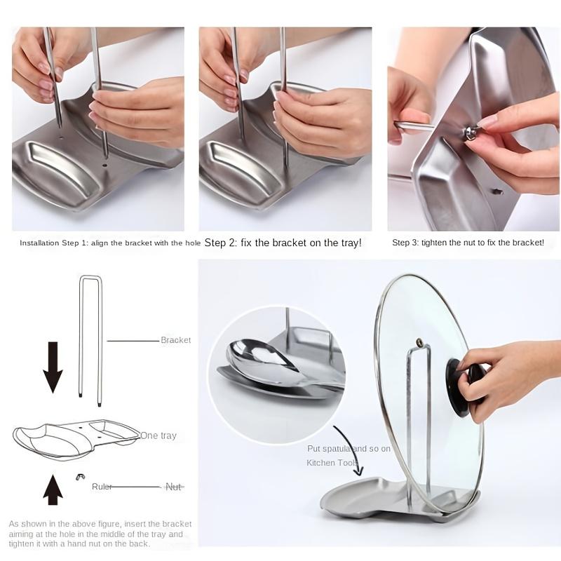 1pc Stainless Steel Pot Lid Rack with Removable Shelf and Drain Tray Bracket, Free Punching Soup Spoon Rack for Easy Pot Cover Storage and Drainage