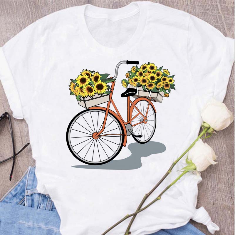 Woman Funny Bicycle Floral Print T Shirt Harajuku Women Tshirts Casual O-Neck Short Sleeves Tops Tees Shirt,Drop Shipping
