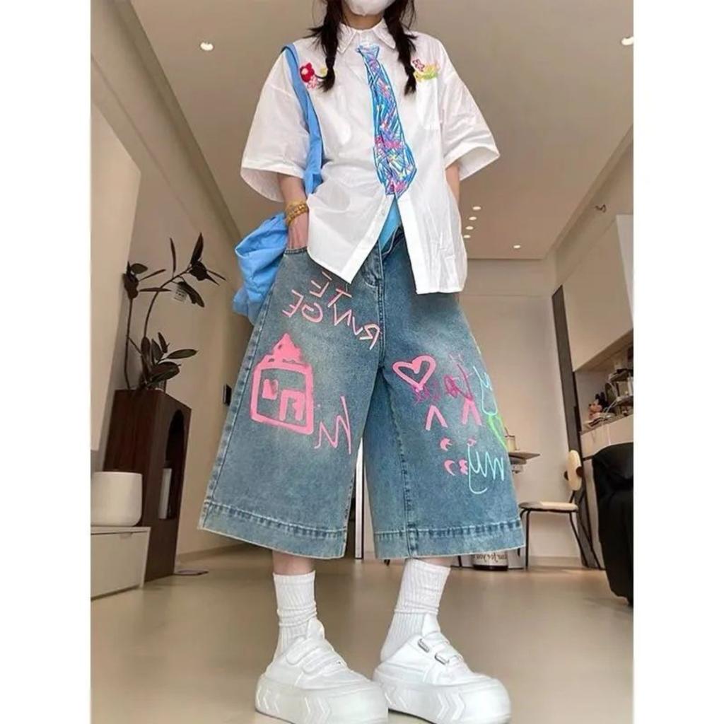 Women's High Rise Loose Fit Straight Leg Cropped Jeans Casual Vintage Denim Pants With Print