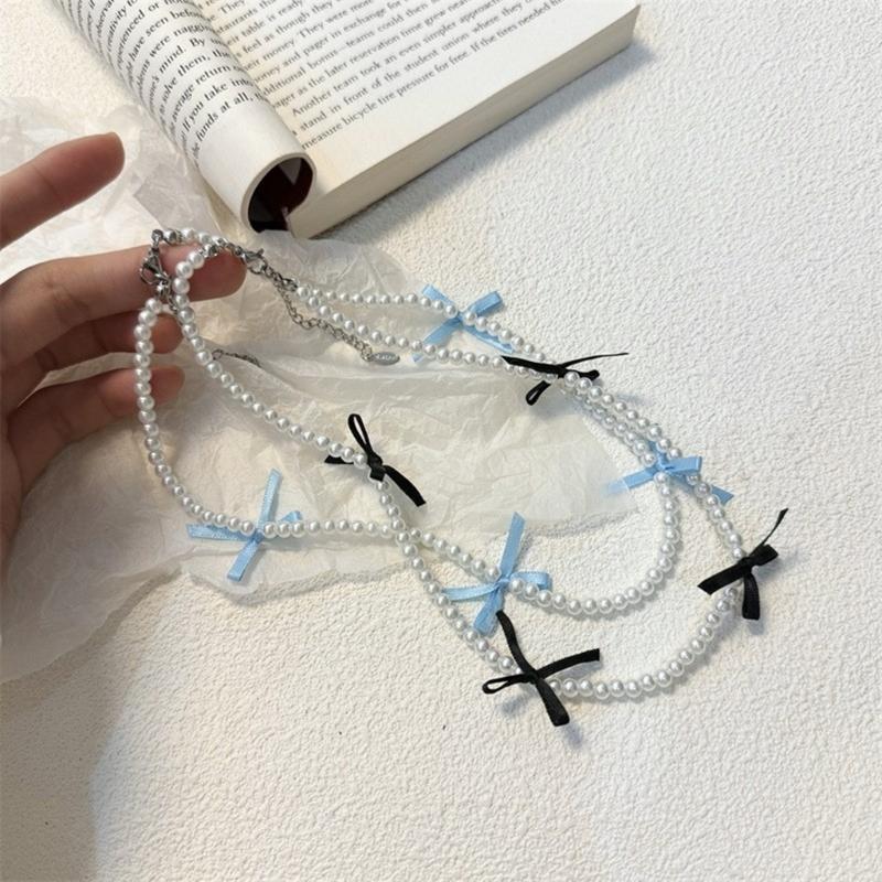 Fashionable Bowknot Pendant Necklace Handmade Pearls Beads Neckchain Bow Beaded Clavicle Chain for Women Girls Choker