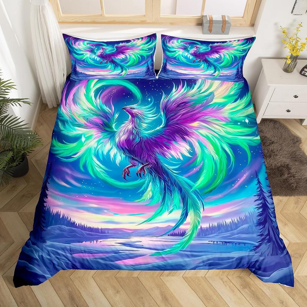 Colorful Phoenix Duvet Cover Set Cartoon Birds Bedding Set Full King Size Microfiber Flame Wings Comforter Cover For Boys Girls