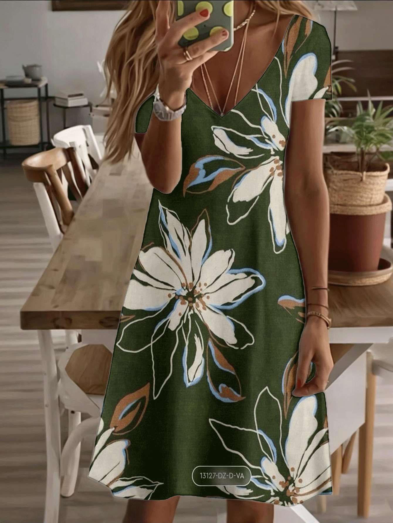 

Vneck shortsleeve midi dress floral green white magnolia pattern 3D premium print durable fabric casual fashion elegant summer outfit comfortable brea 9XL дубильная кора