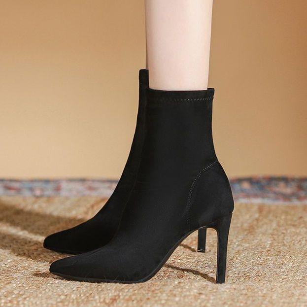 Fleece Black Elastic Thin Socks Boots, New Mid-tube Thin Heel Pointed Thin High-heeled Short Boots for Women In Autumn and Winter 2025