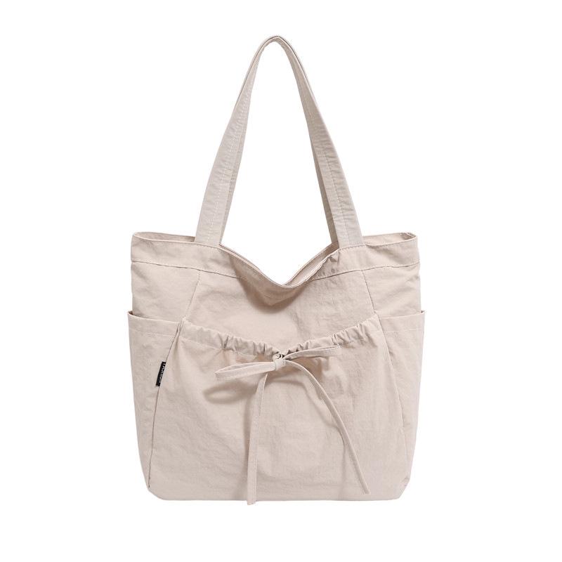 Fashionable Canvas Shoulder Handbag with Bow Accent and Wrinkled Texture – Large Capacity Tote/School Bag
