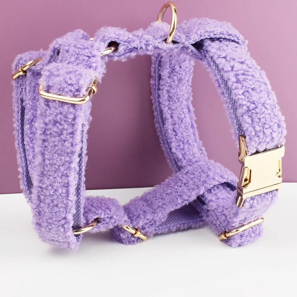 Soft Sherpa Fleece Dog Collar Leash Harness Set Adjustable Personalized Puppy Bowtie Collar for Small Large Dogs