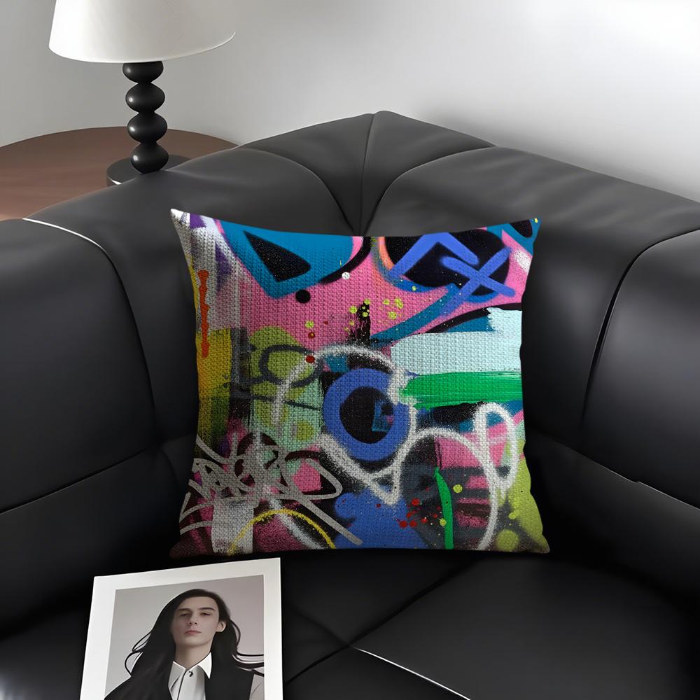Colorful Graffiti Fashion Cushion Cover Natural Linen Organic Fabric DoubleSided Printing Sofa Home Decor Gift Pillow Case