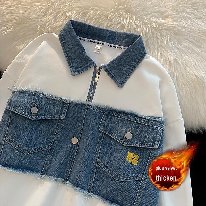 

Корейская джинсовая толстовка свободного кроя с воротником-поло для женщин - весна/осень, уличный стиль. M