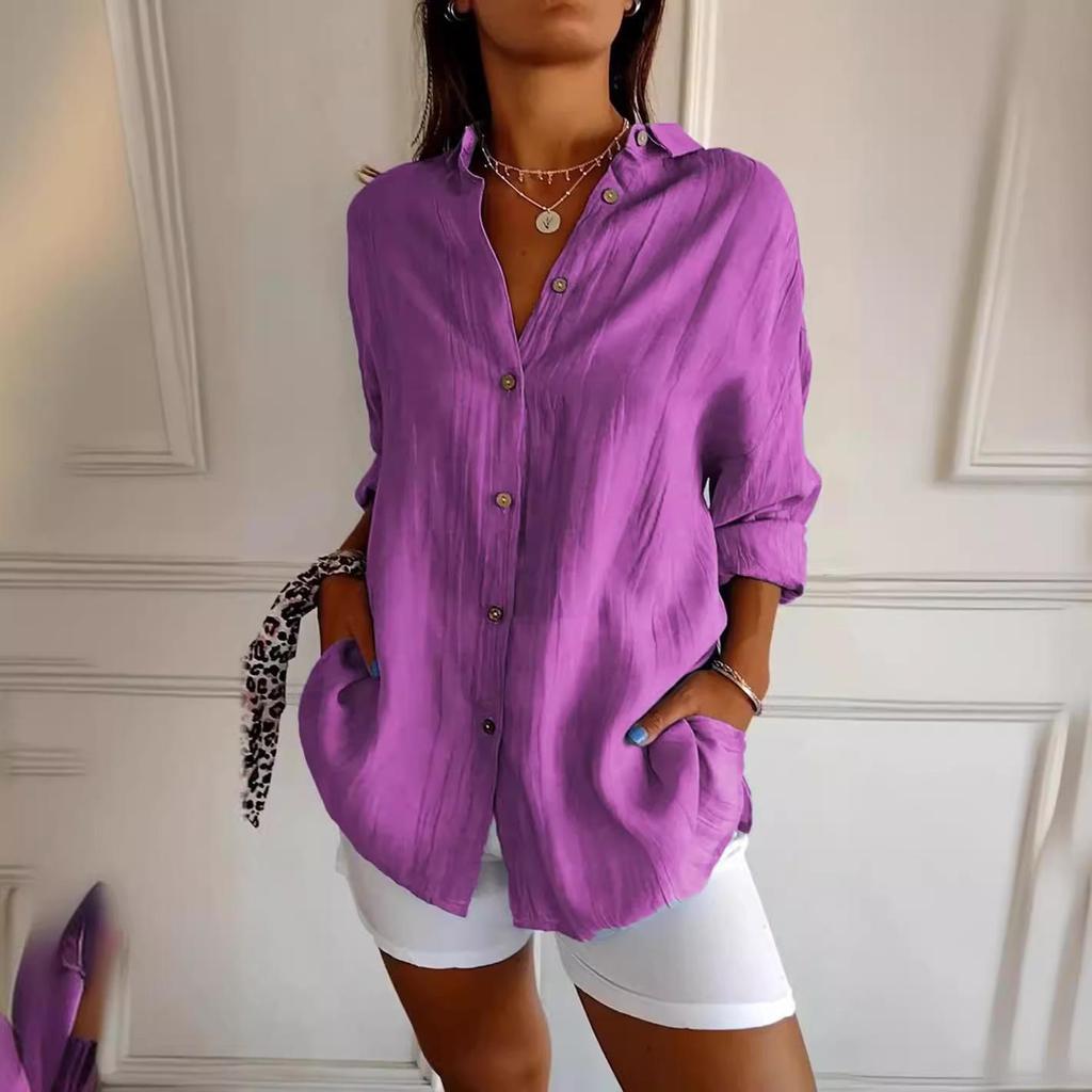 2024 Women's Solid Color Pleated Lapel Shirt - European & American Style, Single-Breasted Roll-Up Sleeve Top