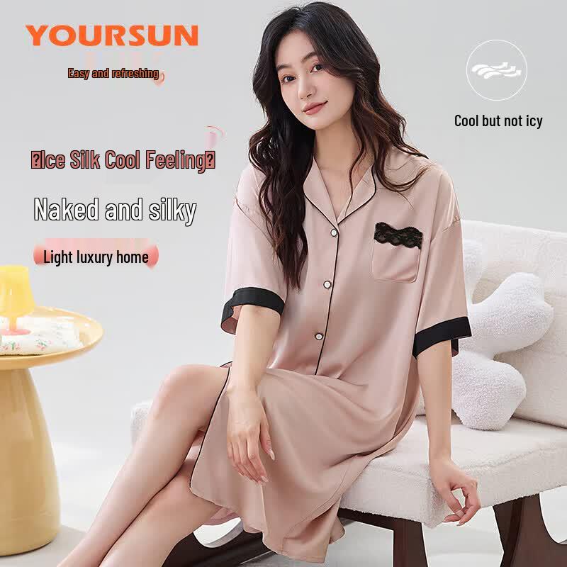 Women s Lace Ice Silk Short Sleeve Nightdress L