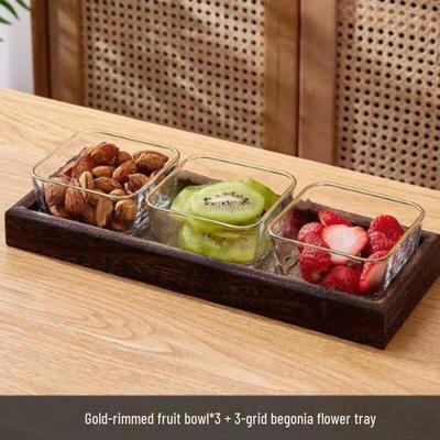 RuHan Gold-Rimmed Glass Fruit Plate Set with Paulownia Wood Tray
