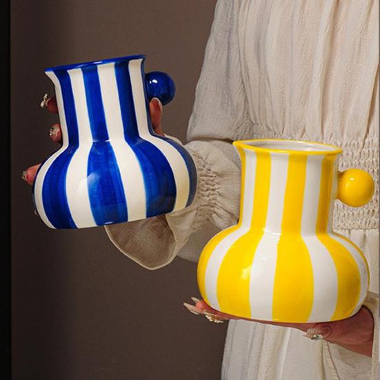 Colorful Striped Vase Ceramic Vase with Handle Desktop Decorative Vase for Flower Arrangement Living Room Bedroom Decor