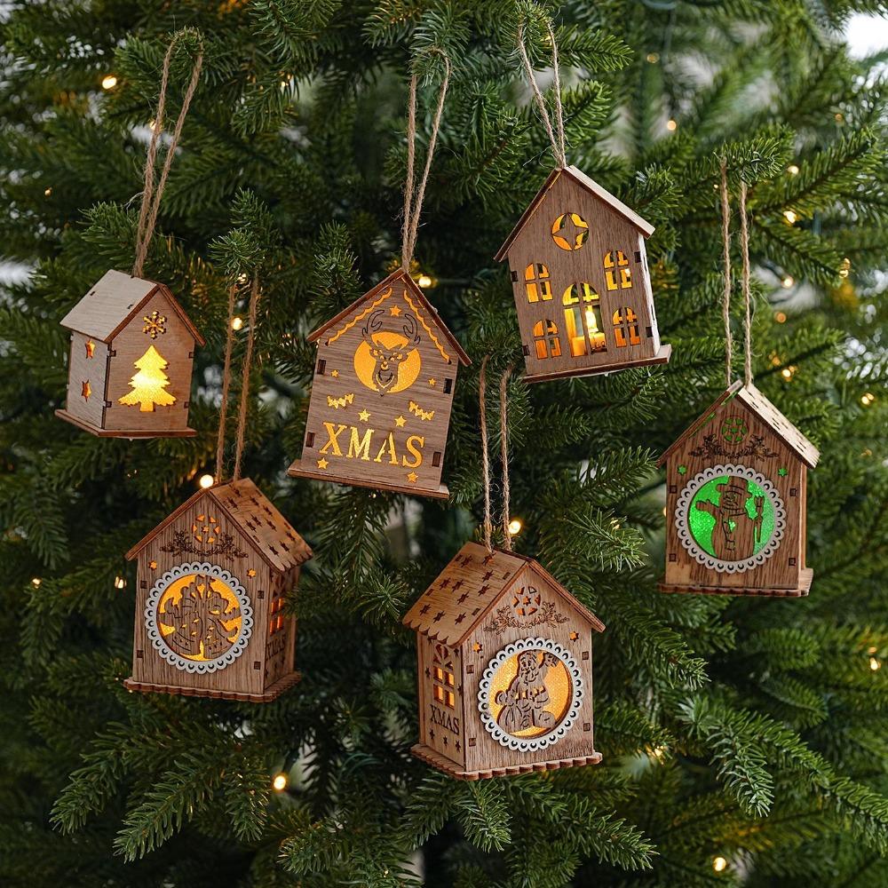 House Shape Light Decor Wood Material Hanging Charm Exquisite Christmas House Ornament Home Layout
