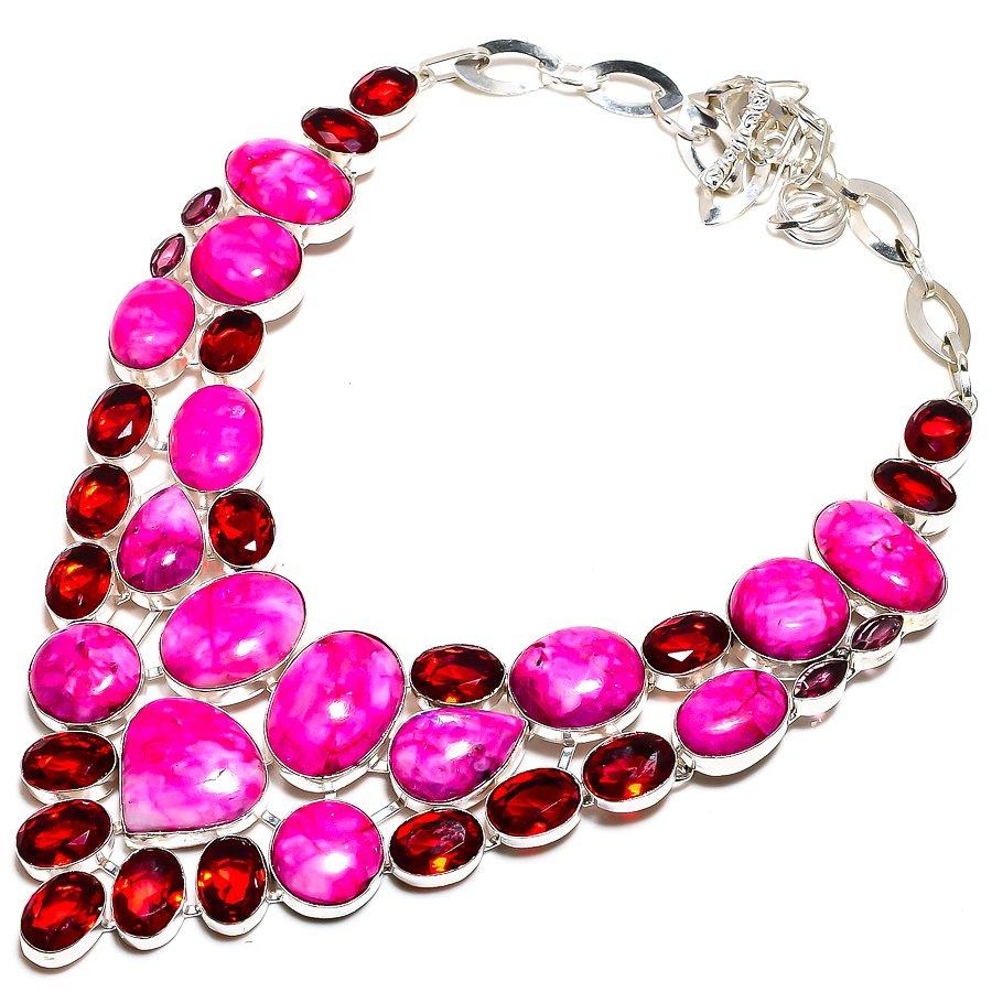 Pink Moonstone, Garnet Gemstone 925 Sterling Silver Jewelry Necklace 18" SU-9762