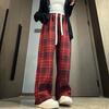 Thickened Plaid Pants Women's Fleece Pants Autumn and Winter High Waist Loose Lace-up Trousers Retro Casual Wide-leg Trousers
