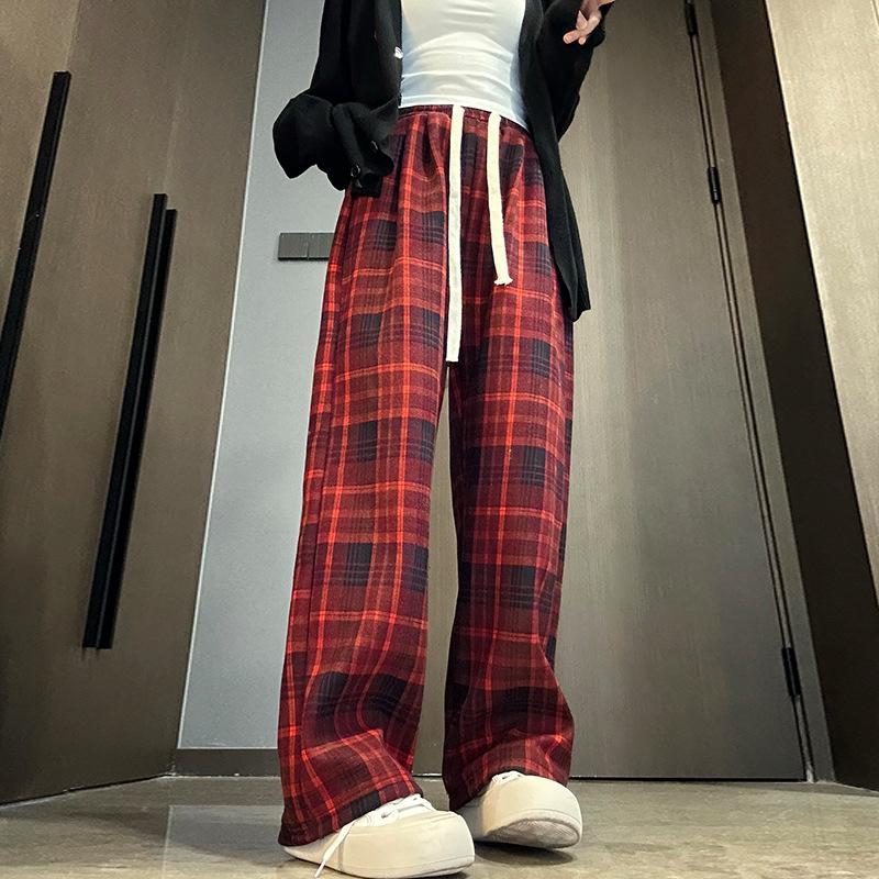 Thickened Plaid Pants Women's Fleece Pants Autumn and Winter High Waist Loose Lace-up Trousers Retro Casual Wide-leg Trousers