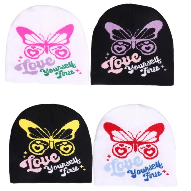 2000s Butterfly Pattern Knitted Hat Streetwear Design Breathable Acrylic Fibre Hat For Outdoor Music Festival Daily Use
