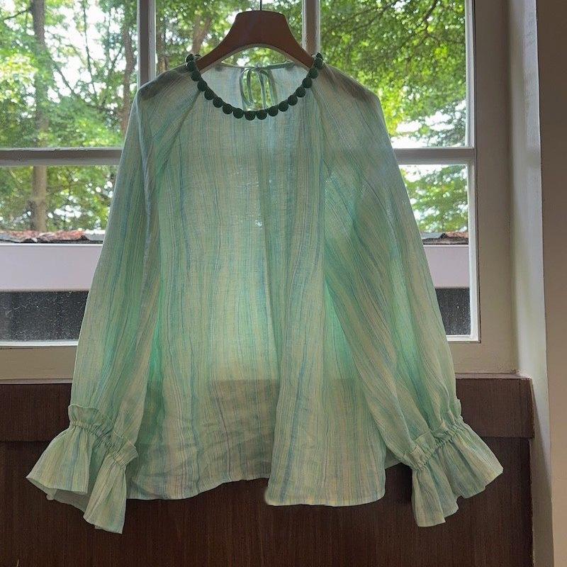 

2026 Spring Turquoise Collar Handmade Beaded Linen Long-Sleeve Shirt Small