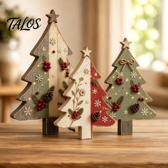 Christmas Farmhouse Mantel Accents 3Pcs/Set Wooden Ornaments, Rustic Gingerbread Man Tree Tiered Tray Style Festive Decor, Centerpieces for