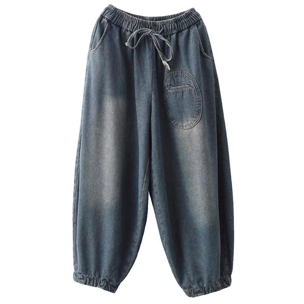 Pantaloni Harem din Denim pentru Femei Plus Size, Pantaloni Largi Tip Felinar, Elastici, Stil Ridiche, cu Buzunare Mari, Casual, Lungime Lungă