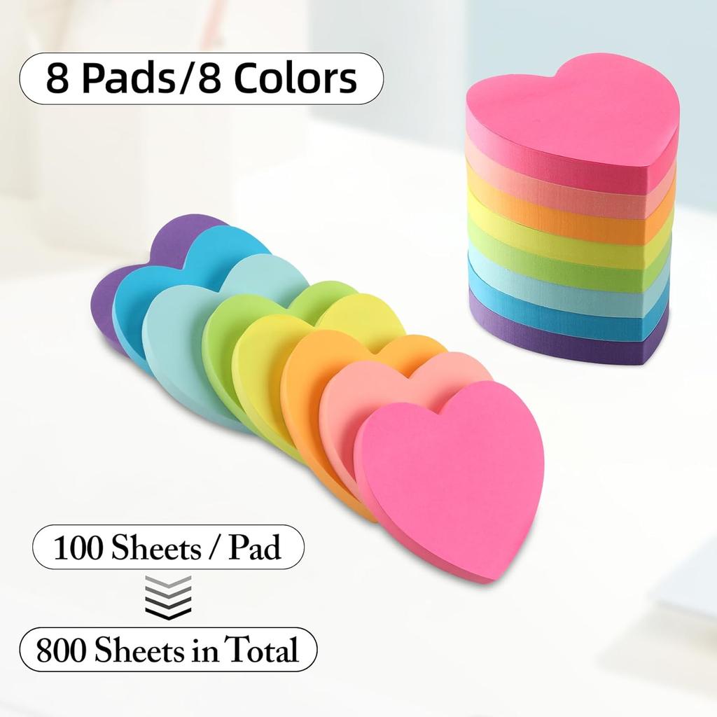 Heart Sticky Notes 8 Colors 100 Sheets/Pad, 800 Sheets Colorful Self-Stick Note Pads Stationary Cute Desk Accessories Office School Teacher Supplies