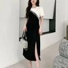 Contrasting Colors Patchwork Tassel Dresses Stylish Split Summer Elegant Folds A-Line Casual O-Neck Midi Dress