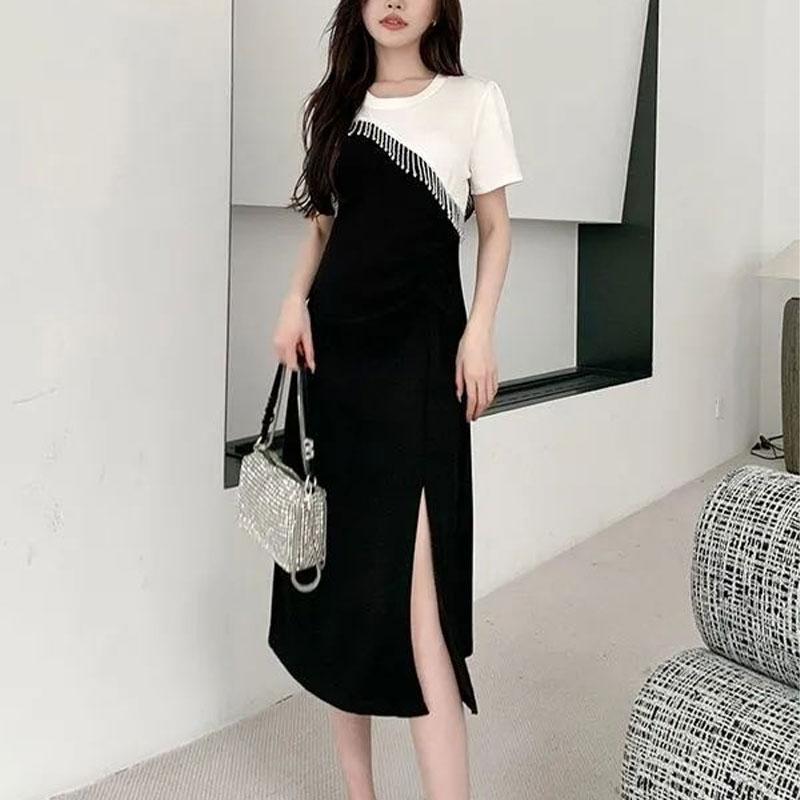 Contrasting Colors Patchwork Tassel Dresses Stylish Split Summer Elegant Folds A-Line Casual O-Neck Midi Dress