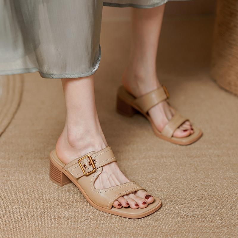 2024 New Women Sandals Genuine Leather Slippers Fashion Concise Comfortable Casual High Heels Spring Summer Shoes Woman Slippers