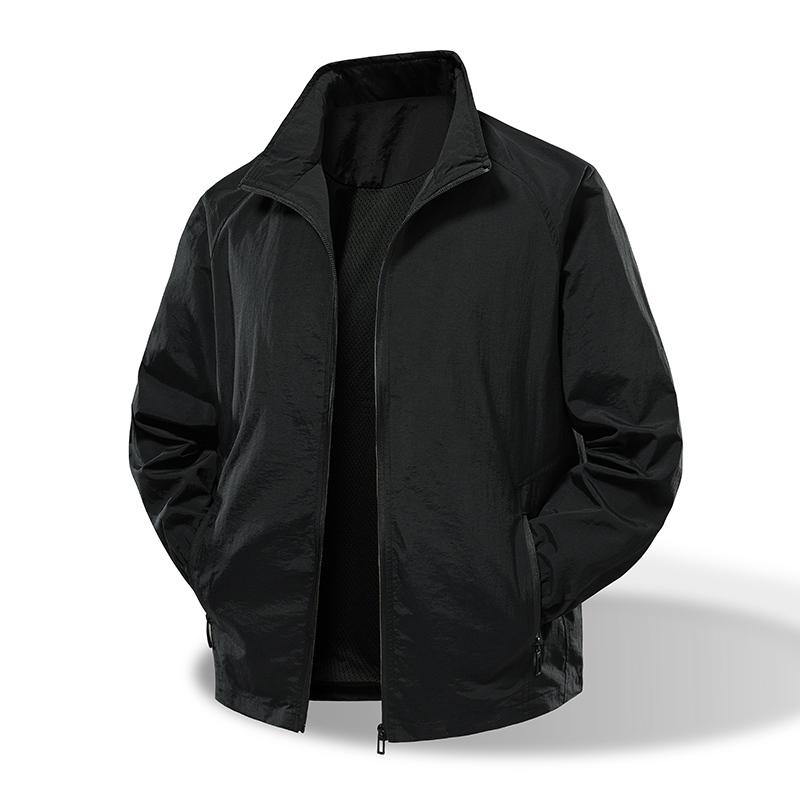 

Men s Dark Gray Stand Collar Lightweight Jacket, Full-Zip Casual Windbreaker with Side Pockets, Streetwear Style for Daily Wear M чорний