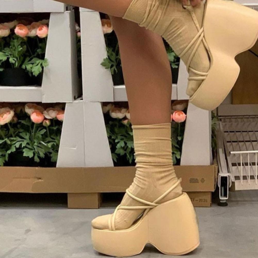 Fashion Summer High Heel Sandals Women Fashion Square Head Open Toe Thin Waterproof Platform Wedges with Metal Buckle